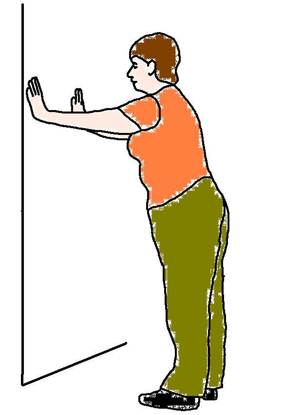 6a.. Alternative standing wrist and chest strengthener Facing the wall stand far enough away so that you can just reach the wall