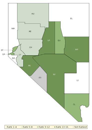 The maps on this page and the next display Nevada s counties divided into groups by health rank. Maps help locate the healthiest and least healthy counties in the state.