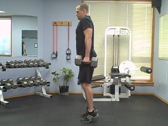 DB Shrug to Calf Raises Coaching Tips: Start with the dumbbells comfortably positioned at your hips, palms facing in
