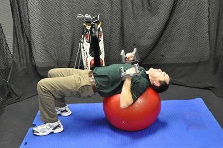 Chest Dumbbell Flys This exercise helps develop strength in the chest and stability in the core at the same time. This exercise improves stability and power in your golf swing.