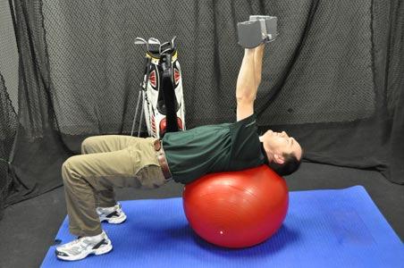 Stabilizing the dumbbells on your chest, slowly walk yourself out on the ball until the ball is directly under your mid-back.