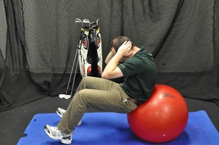 Curl Up On Swiss Ball This is a great way to strengthen your abdominal muscles on a Swiss ball. Stronger abs will augment all aspects of your golf game.