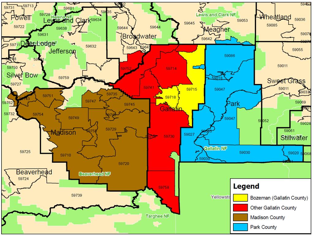 Community Defined for This Assessment The community defined for this assessment is made up of three Montana counties (Gallatin, Madison & Park Counties); additionally, the city of is examined