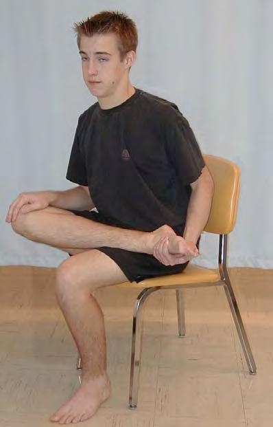 Iliotibial band 1. Sit upright on a chair. 2. Cross your legs so that your right knee is resting over the left. 3. Place your right hand gently on your right knee. 4.