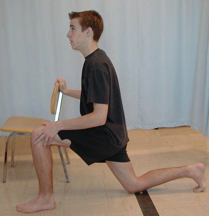 Hip flexors 1. Go down on one knee with the right knee on the floor. The left foot is placed flat on the floor so that the left knee is at a right angle. 2.