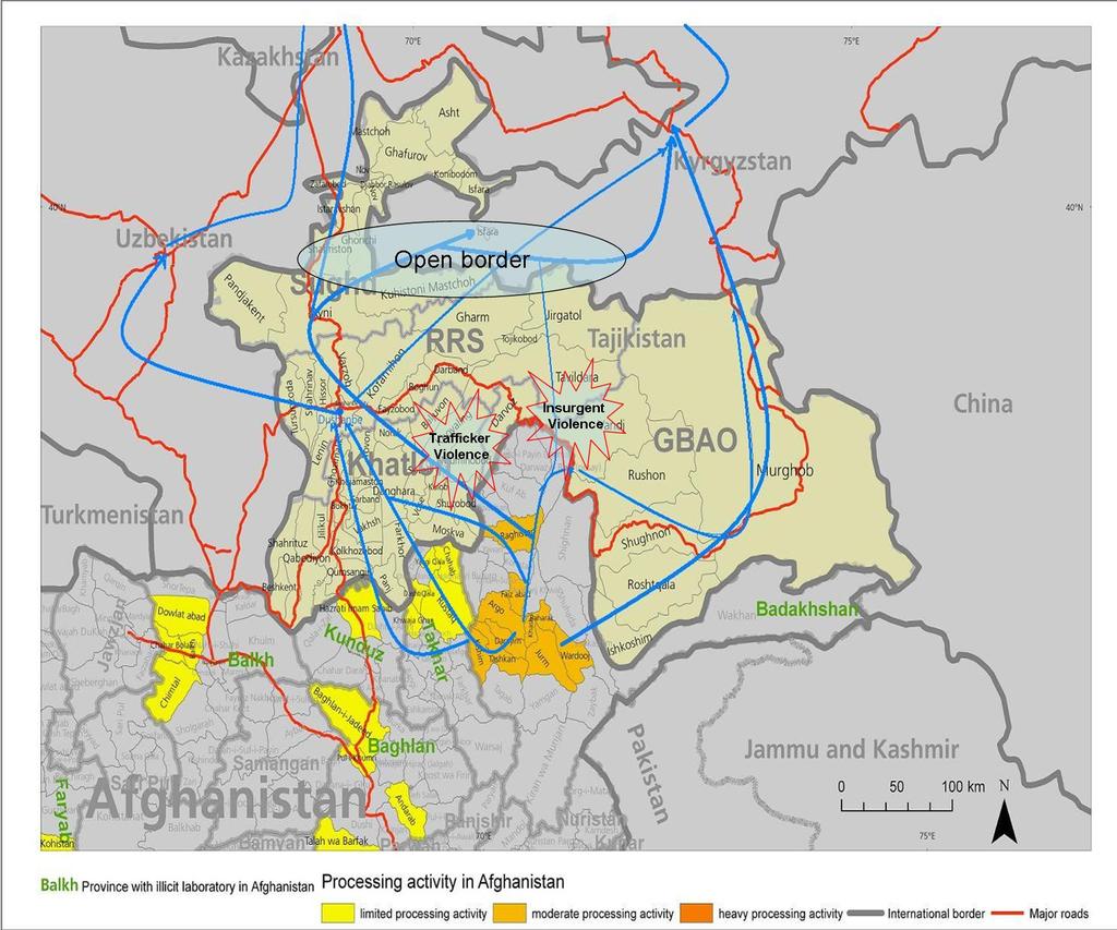 Figure 5 Drug routes and vulnerable sections of the Tajik and Kyrgyz border Source: UNODC, DCA of Tajikistan (drug routes), Tajik and Kyrgyz media sources Although it borders Afghanistan, heroin