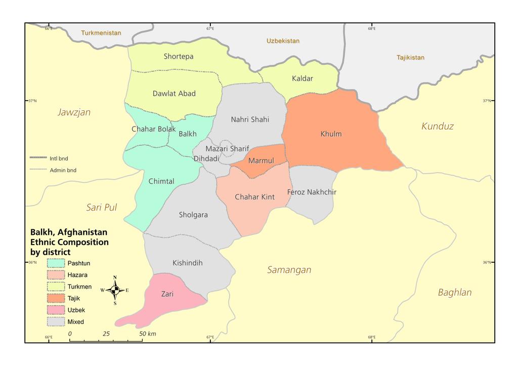 Figure 31 Ethnic composition by district Balkh (border districts in bold, majority in red) Source: Afghanistan Ministry of rural rehabilitation and development, UNAMA, NPS Strict Uzbek controls at
