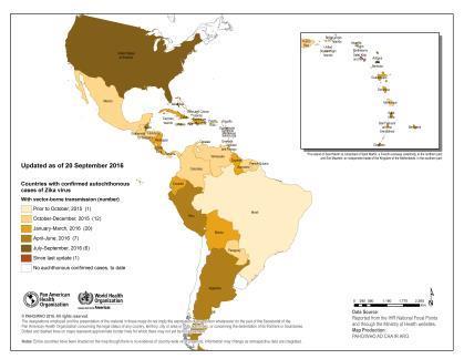 Epidemiological summary of Zika virus disease 2015-16 As of November 2016, 48 countries / territories in the Americas have reported autochthonous cases 20 countries and territories in the Americas