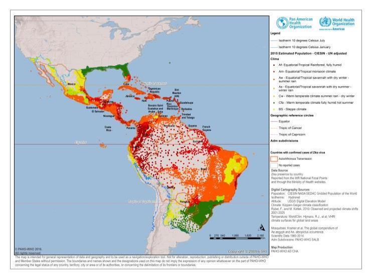Future of Zika virus in the region Total population in the Americas living in areas < 2000 m above sea level and within the 10 o Celsius