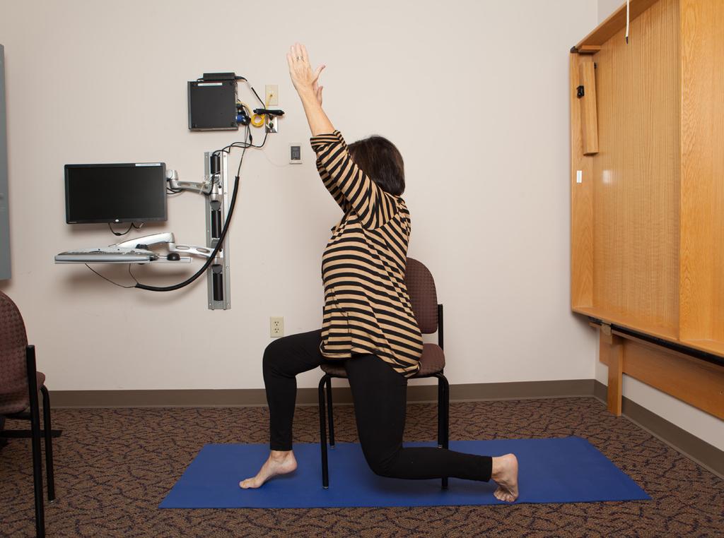 Crescent Lunge Position VGY Sit sideways on chair. Stretch outside leg backwards, turn toes under.