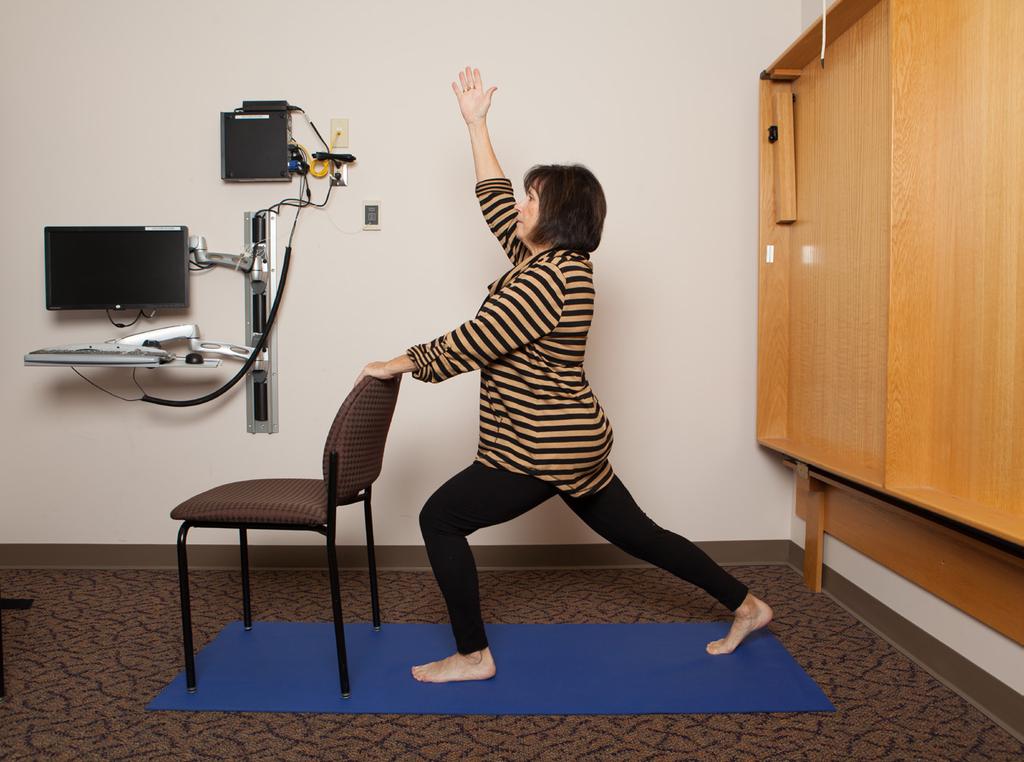 Crescent Lunge Position GY Use chair for balance support if needed. Stand with the feet at hip-width apart facing back of chair. Step right foot back comfortably. Rest foot on toes, heel up off floor.