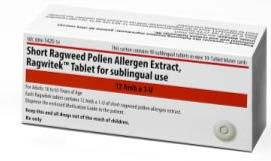 RAGWITEK TM : Approved in April 2014 RAGWITEK TM For the treatment of short ragweed polleninduced allergic rhinitis, with or without conjunctivitis, confirmed by positive skin test or in vitro