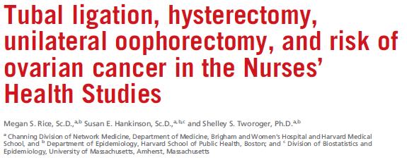 Hysterectomy 20% risk of ovarian CA (95%CI 0.66-0.97) Non-serous >> Serous tumors p = 0.