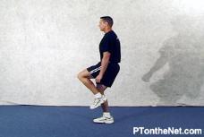 HOP WITH STABILIZATION - FRONTAL PLANE (TRANSVERSE) Balance on one leg with hands on hips and knee slightly flexed.