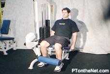 LEG EXTENSION - SEATED Reps : Sets : 1 Intensity : medium Sit in the machine and make sure that your knees are aligned with the axis of the machine and your patella is centered.