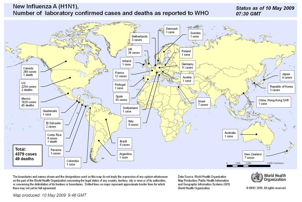 Date statistice privind epidemia de gripa A (H1N1) swl 2009 La data de 10 mai 2009, ora 07:30 GMT, 29 tari raportasera oficial 4379 cazuri de gripa A(H1N1).