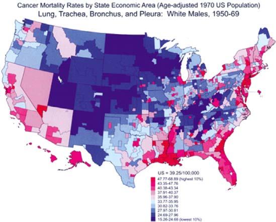 Figure Legend: Cancer Mortality Rates by State Economic Area (Age-adjusted 1970 US Population). Lung, Trachea, Bronchus, and Pleura: White Males, 1950-69.