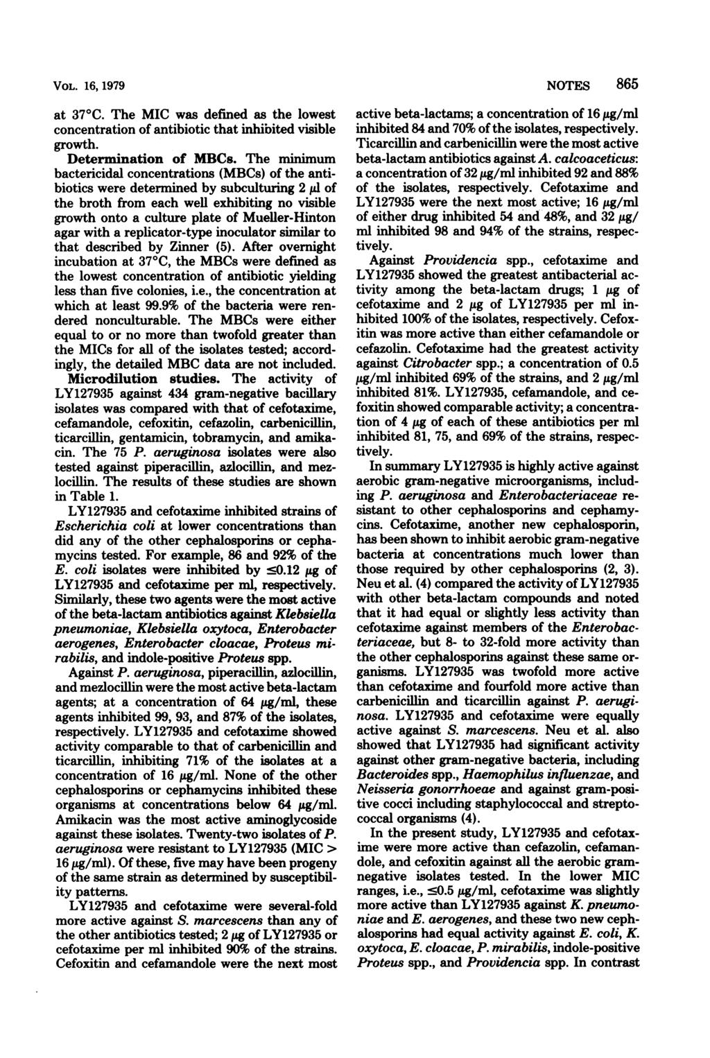 VOL., 1979 at 370C. The MIC was defined as the lowest concentration of antibiotic that inhibited visible growth. Determination of MBCs.