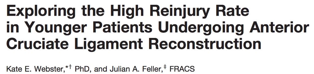 2 STUDIES: RISK OF SECONDARY INJURY Risk of re-injury to the ACL in approximately 20% - Risk Factors include < 19 years old Female Triple hop for distance = 1.34-1.