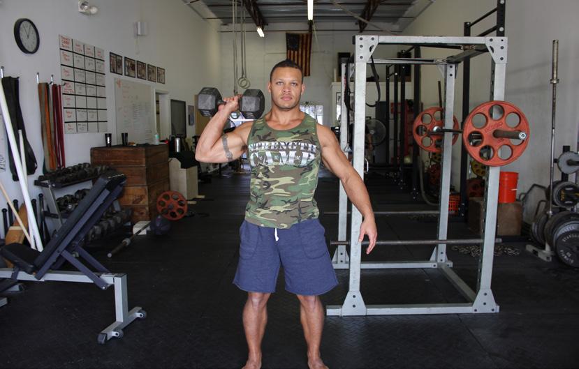 Single Arm Dumbbell Push Press: This exercise is great for for making sure the shoulders are balanced in relation to each other, increasing pressing speed and strength, and training the core to