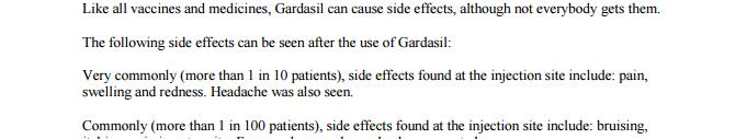 known side effects of Gardasil HPV