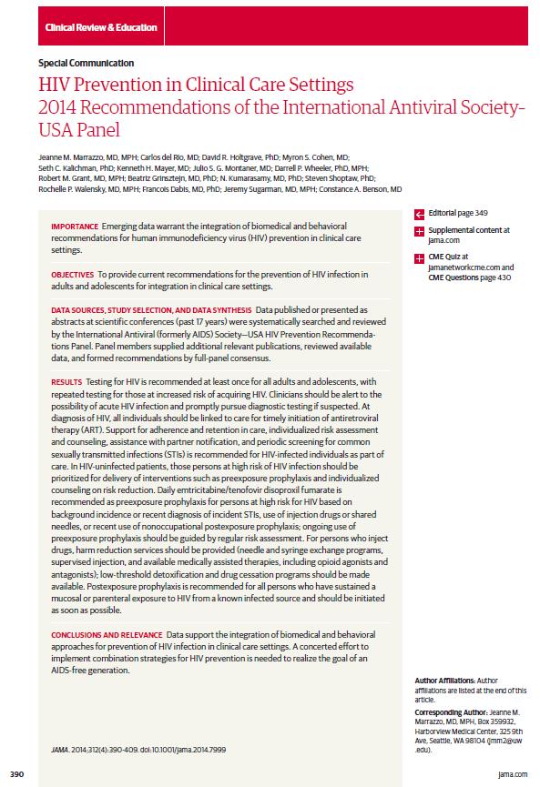 HIV Prevention in Clinical Care Settings: 2014 Recommendations of the