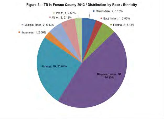 Distribution by Race / Ethnicity Of the 39 TB cases in 2013, eighteen (46.15%) were Hispanic / Latino. Ten (10) cases (25.64%) of the 39 were Hmong.