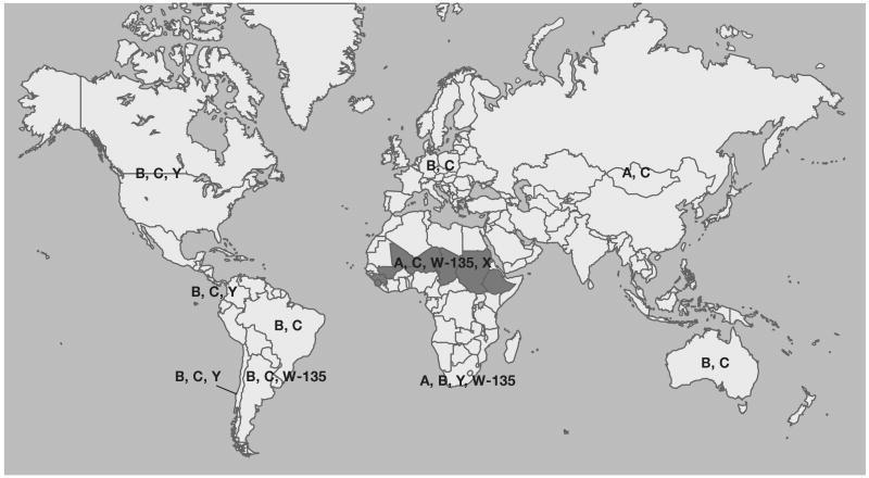 Worldwide distribution of major meningococcal serogroups L.Harrison.