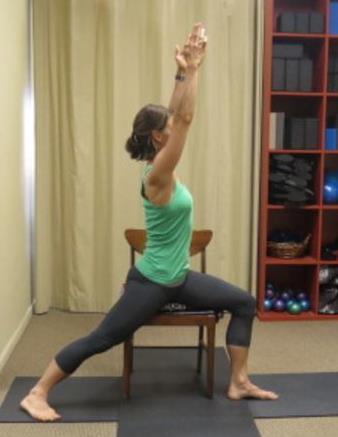 Chair Yoga: Warrior 1 Begin in a standing position so that one foot is 2-3 feet in front of the other. You may sit halfway on a chair or hold a railing with one hand for support.