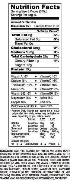 75 Nutrition Bites GMO FREE soy protein Low in fat Low in Sodium No Cholesterol High in Protein: one serving = 10 grams of