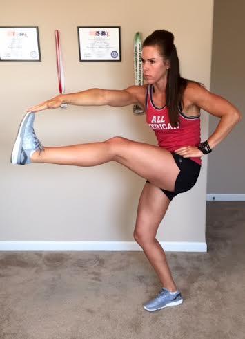 Diagonal Cross over Toe Touches (same side as above) Begin in the standing position with right fully extended overhead to the right.