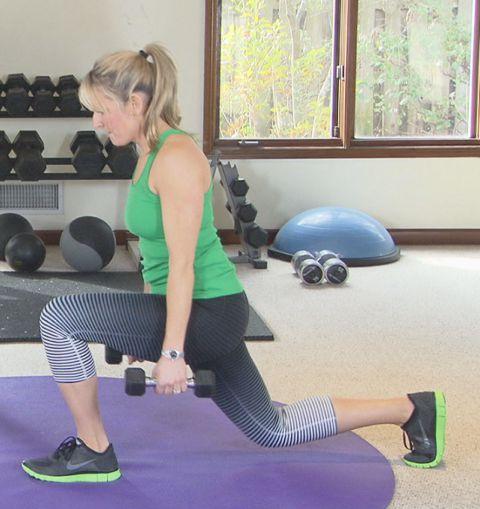 Reverse Lunge (Dumbbells) Holding two dumbbells at your side and keeping your upper body straight, step back so that your front knee and ankle are aligned.