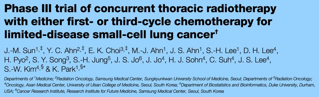 2013 South Korean trial 1 of 222 patients with LS-SCLC, randomly assigned to receive TRT early (with cycle 1 of chemotherapy) or late (with cycle 3). No survival difference seen between the two arms.