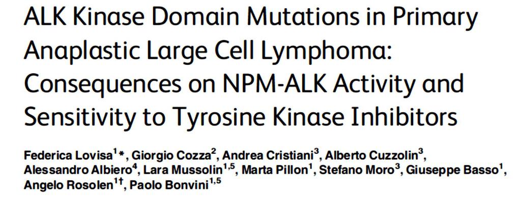 Translocations and fusion proteins involving the ALK gene in ALK+ ALCL The oncogenic role of ALK fusion proteins Translocations involving ALK produce fusion proteins with constitutive tyrosine kinase