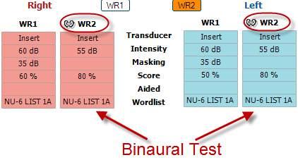 Diagnostics Suite Instruction for Use US Page 29 Binaural and Aided options To perform binaural speech tests: 1. Click on either SRT or WR, to choose the test to be conducted binaurally 2.