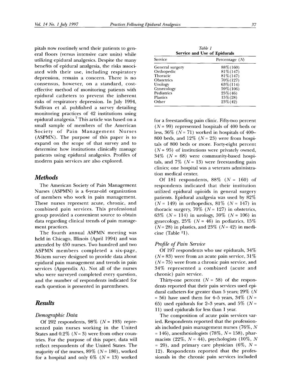 Vol. 14 No. 1 July 1997 Practices Following Epidural Analgesics 37 pitals now routinely send their patients to general floors (versus intensive care units) while utilizing epidural analgesics.