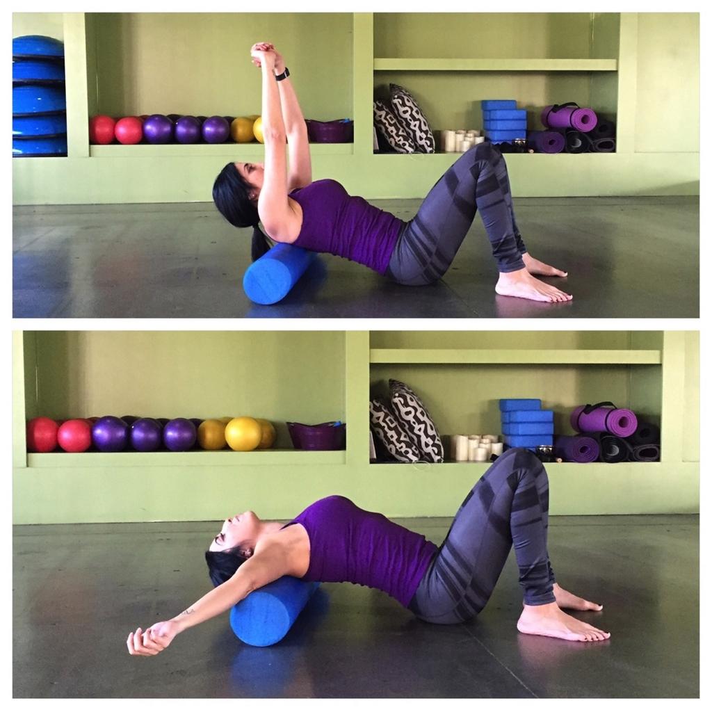 Shoulder/Chest Foam Roll Use a foam roller for this movement. Begin by laying your shoulders and upper back on the roller. Bend both knees with feet firmly pressed on the floor.