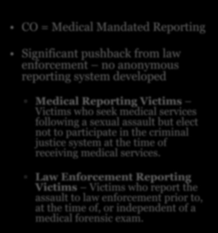 Forensic Compliance in Colorado CO = Medical Mandated Reporting Significant pushback from law enforcement no anonymous