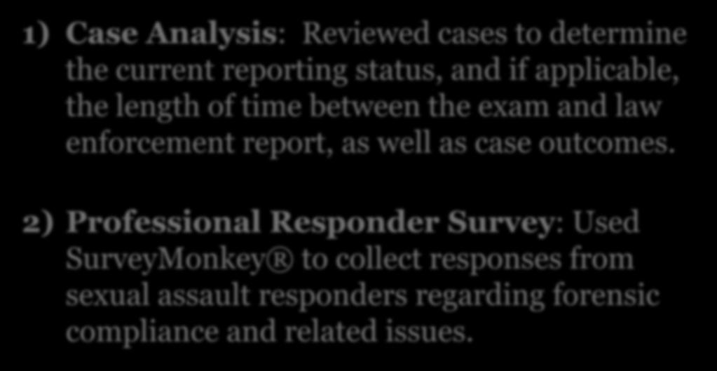 Two Part Study 1) Case Analysis: Reviewed cases to determine the current reporting status, and if applicable, the length of time between the exam and law enforcement report, as