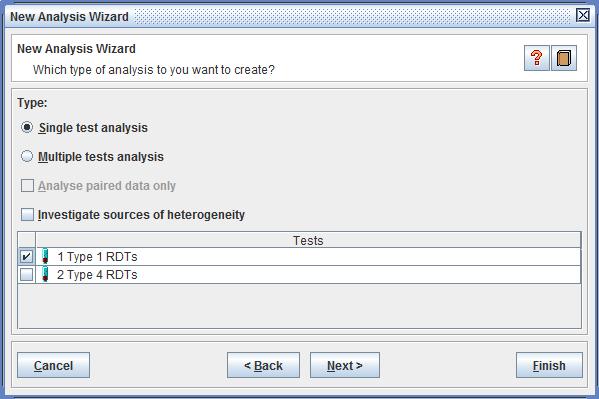 6 Add an analysis To add an analysis right click on Analyses and click Add Analysis. In the New Analysis Wizard, enter Meta-analysis of Type 1 RDTs - example as the name of the analysis.