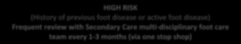 foot care plan including education MEDIUM RISK (Neuropathy or absent pulses or other risk factors) Regular review by DSST every 3-6 months HIGH RISK (History of previous foot disease or active foot