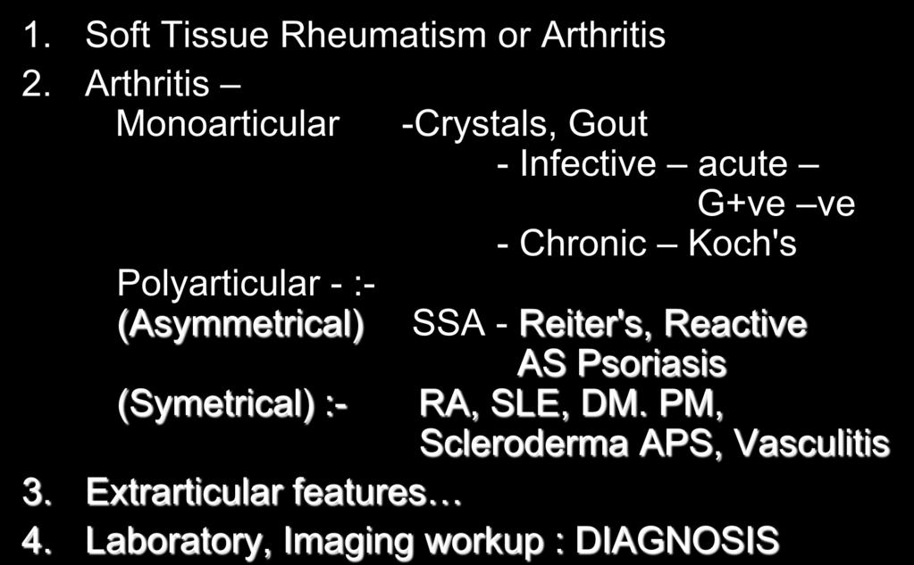 Patient with Musculo-skeletal Complaints - Summary 1. Soft Tissue Rheumatism or Arthritis 2.