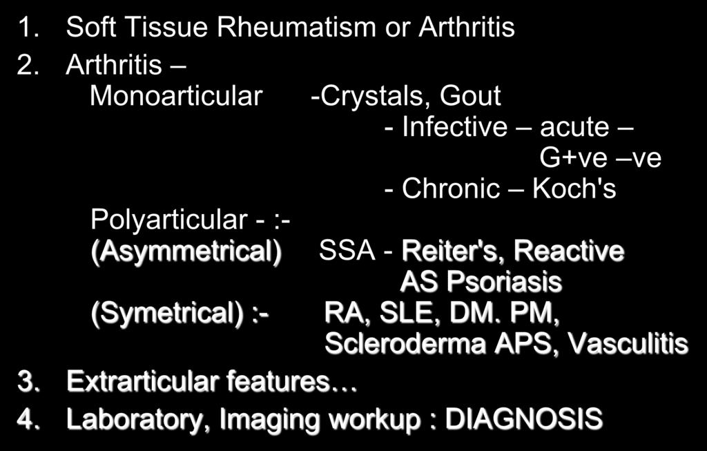 Patient with Musculo-skeletal Complaints - Summary 1. Soft Tissue Rheumatism or Arthritis 2.