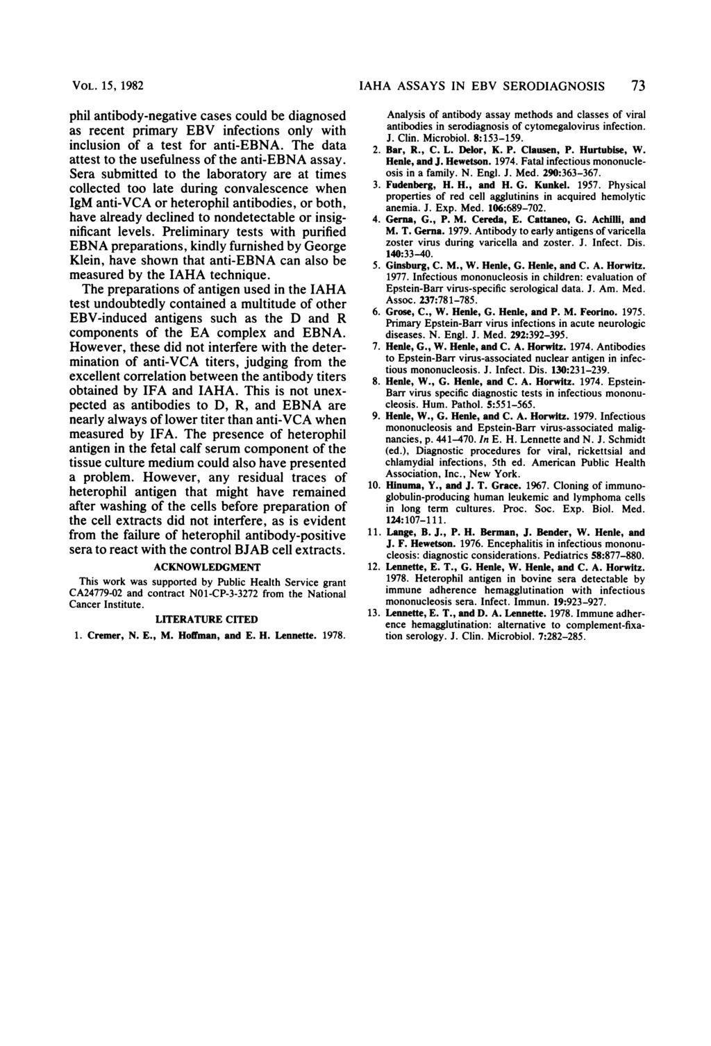 VOL. 15, 1982 phil antibody-negative cases could be diagnosed as recent primary EBV infections only with inclusion of a test for anti-ebna. The data attest to the usefulness of the anti-ebna assay.