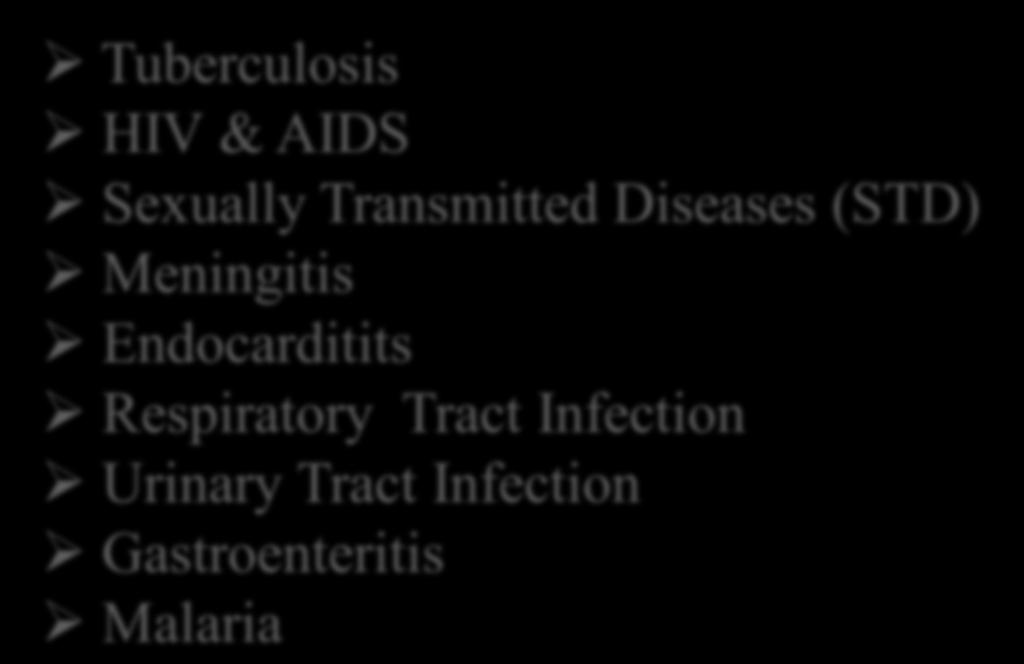 Tuberculosis HIV & AIDS Sexually Transmitted Diseases (STD) Meningitis