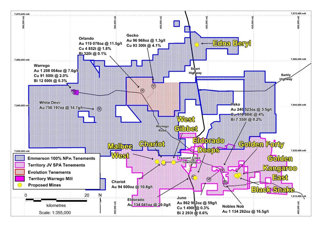 Figure 1: Emmerson Resources 100% owned Tennant Creek project (blue), proposed Centralised Processing Facility (Warrego Mill), general area of proposed JV