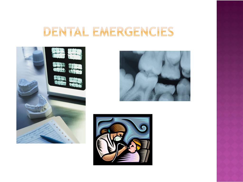What kinds of events are dental emergencies? Generally traumatic injuries to the mouth and teeth are emergencies. So if you crack or break a tooth, then you should call your dentist.