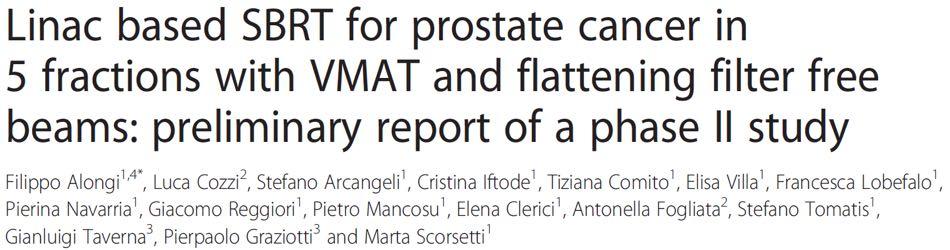 Clinical Applications: Prostate 2013 Prospective phase I-II study, started on February 2012. The schedule was 35 Gy in 5 alternative days.