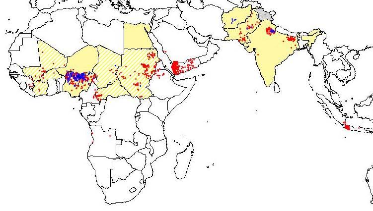 Wild Poliovirus*, 03 Aug 2004 to 02 Aug 2005 Wild virus type 1 Wild virus type 3 Wild virus type 1 & 3 Endemic countries Re-established transmission countries