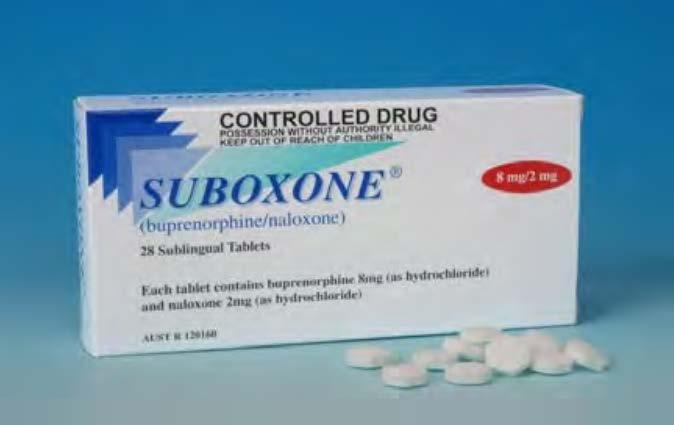 Suboxone A novel approach Synthetic opioid 4:1 of buprenorphine and naloxone Designer drug Partial agonist at